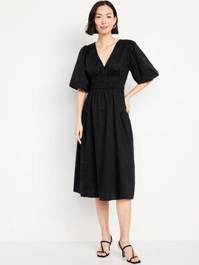 Old Navy Black Puff Sleeve Smocked Midi Dress
